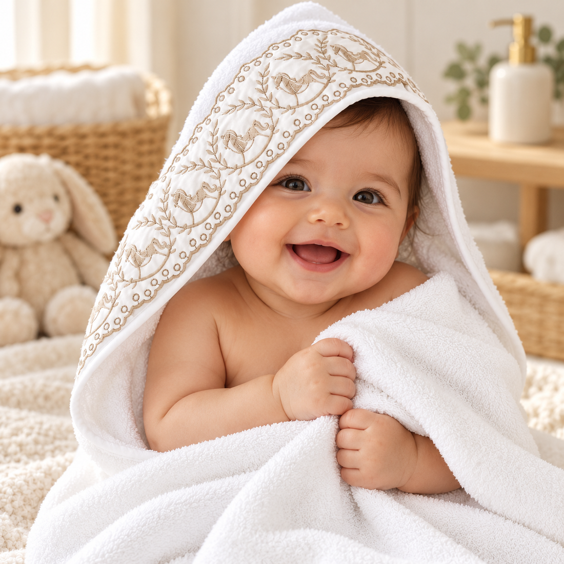 Toalha de Banho com Capuz Ponny Trussardi – bebê sorrindo na toalha branca com capuz de faixa bordada bege