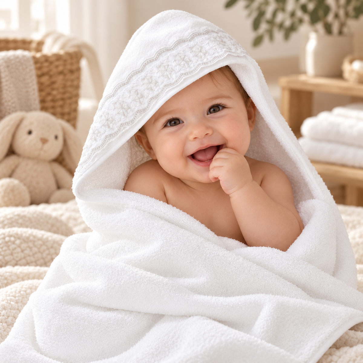 Toalha de Banho com Capuz Aquilone Trussardi – bebê sorrindo envolto na toalha branca com capuz e renda