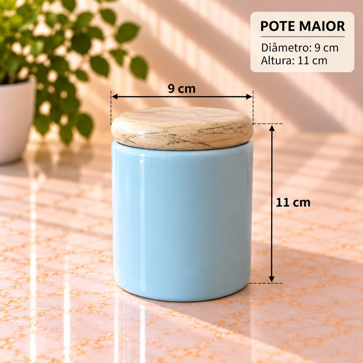 Pote Decorativo Azul com Tampa Madeira Clara