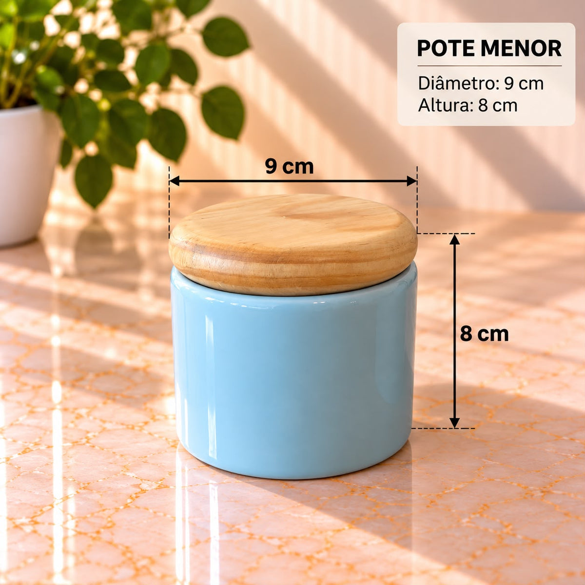Pote Decorativo Azul com Tampa Madeira Escura