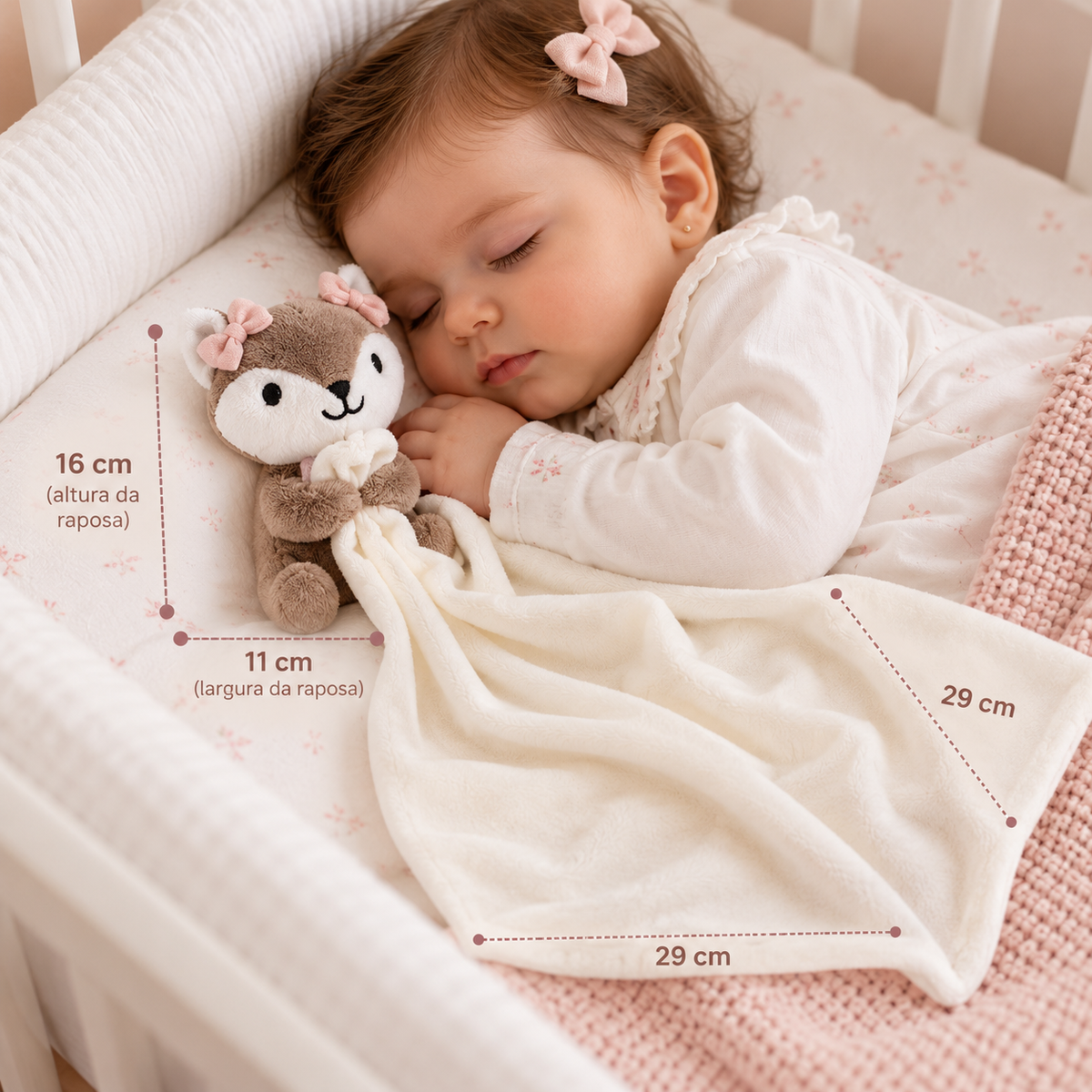 Naninha Volpi Raposa Rosa Trussardi – bebê dormindo com a naninha, com medidas da raposa e da manta creme