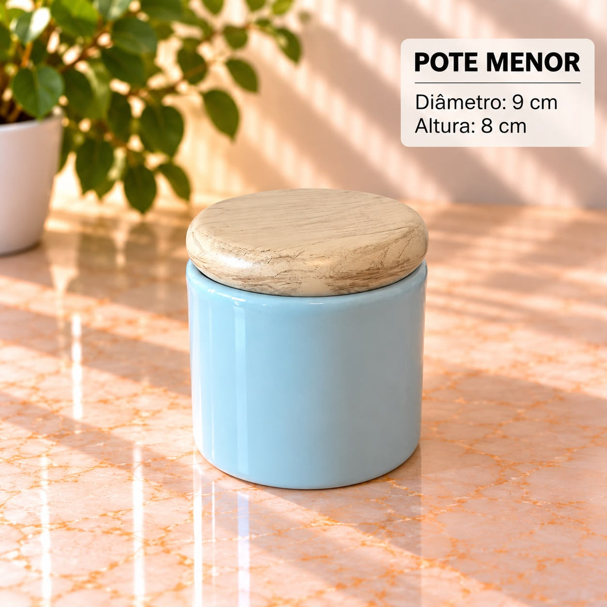 Pote Decorativo Azul com Tampa Madeira Clara