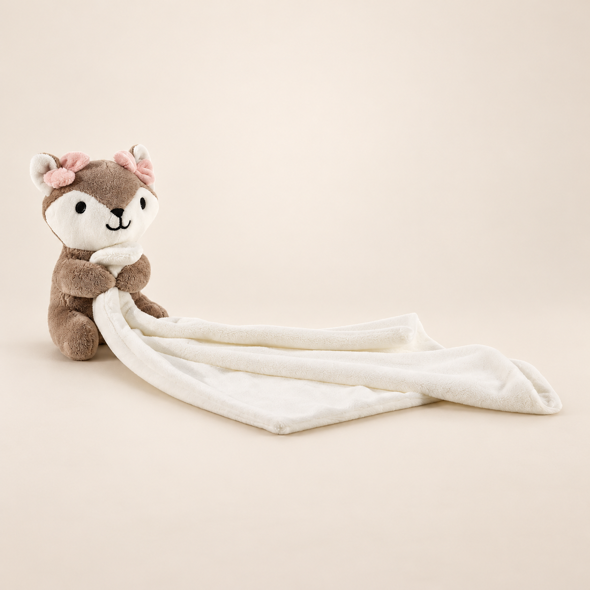 Naninha Volpi Raposa Rosa Trussardi – naninha de raposa marrom e branca com lacinhos rosa e manta creme