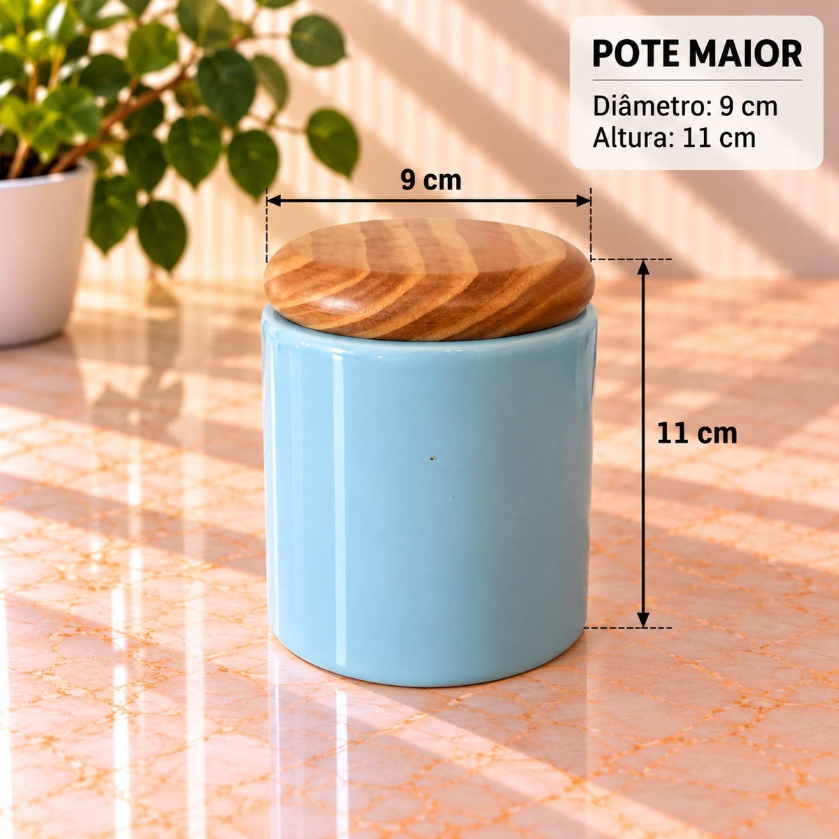 Pote Decorativo Azul com Tampa Madeira Escura