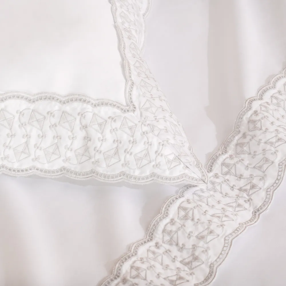 Jogo de Lençol 3 Peças Berço Aquilone Branco Trussardi – detalhe do bordado vazado em branco e cinza na barra