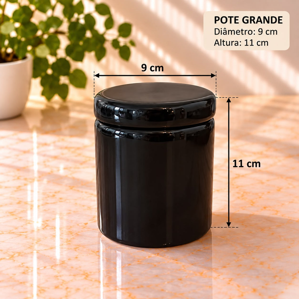 Pote Decorativo Preto com Tampa Cerâmica
