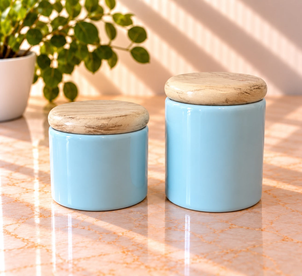 Pote Decorativo Azul com Tampa Madeira Clara